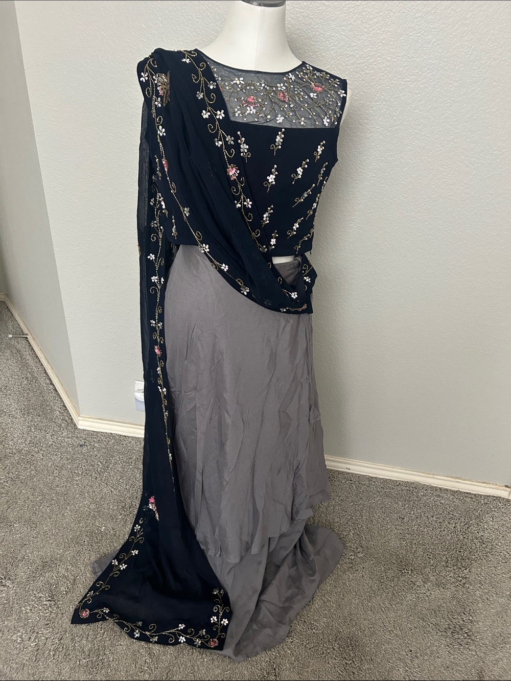 Gray lehenga skirt navy blue net blouse top gold work fusion style Size S-M